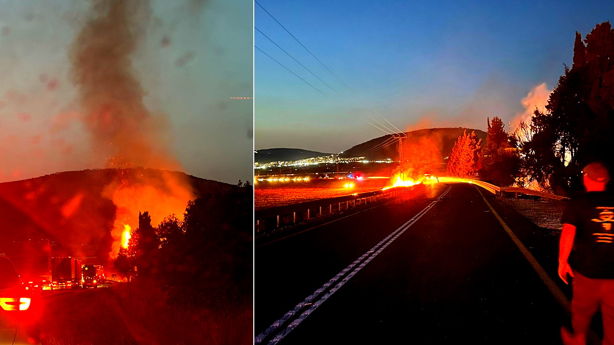(فيديو وصور) اندلاع حريق قرب العفولة بعد سقوط صاروخ اعتراضي بسبب خلل فني 