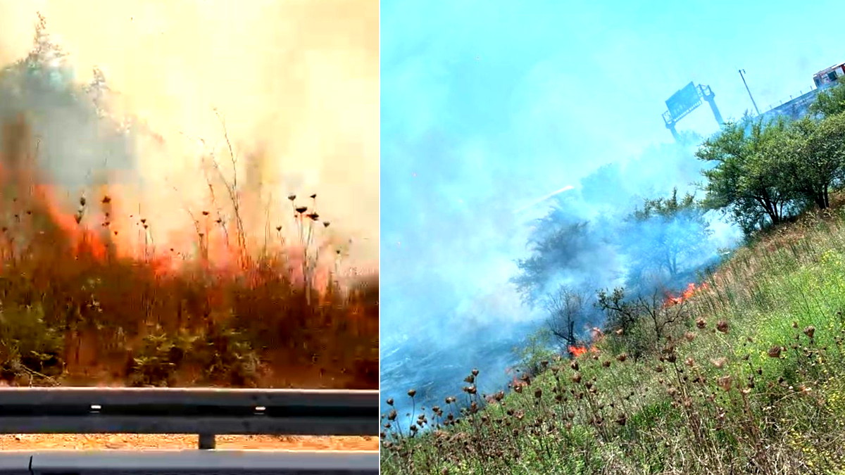 (فيديو وصور) اغلاق مفرق اللد بين شارعي 1 و40 بسبب حريق في منطقة مفتوحة وازدحامات مرورية في منطقة مطار بن غوريون