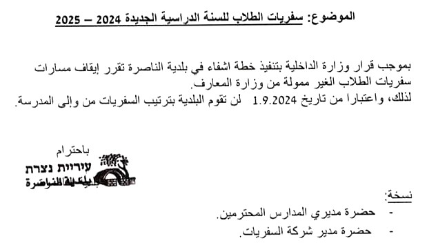 لجنة اولياء الامور ترد على قرار بلدية الناصرة ايقاف سفريات الطلاب غير الممولة من قبل وزارة المعارف بسبب خطة الاشفاء