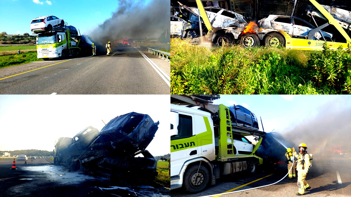 اندلاع النيران داخل شاحنة تقِلُ 11 مركبة على شارع 6 باتجاه الجنوب... أضرار جسيمة وأزمة سير خانقة في المكان