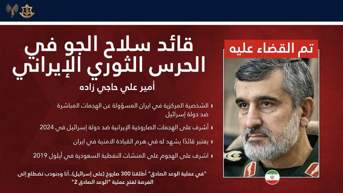 الجيش الإسرائيلي: تصفية قائد سلاح الجو في الحرس الثوري الإيراني مع كبار قادة القيادة الجوية