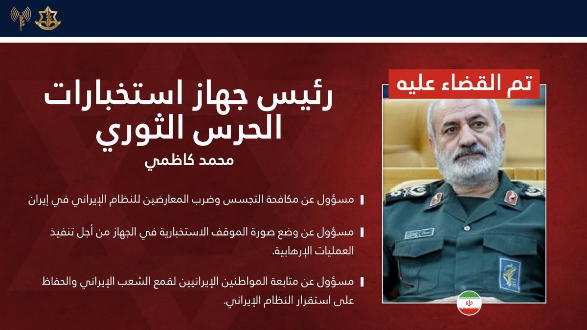 الجيش الإسرائيليّ يعلن عن اغتيال أربعة من مسؤولي أجهزة الاستخبارات الإيرانية وبينهم محمّد كاظمي