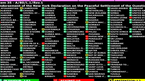 بأغلبية ساحقة| الجمعية العامة للأمم المتحدة تعتمد قرارًا يؤيد حل الدولتين