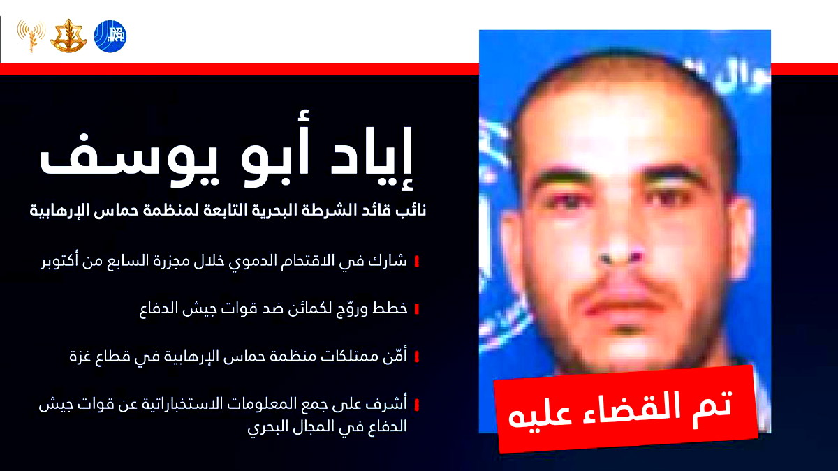 توثيق بالفيديو| الجيش الإسرائيليّ يعلن عن اغتيال نائب قائد الشرطة البحرية لحماس إياد أبو يوسف