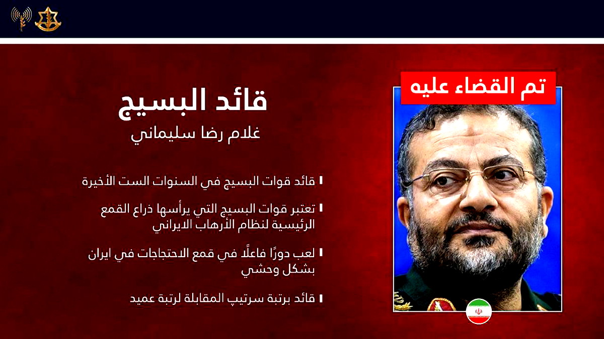 بغارة استهدفت العاصمة طهران| الجيش الإسرائيليّ يعلن عن اغتيال قائد منظمة قوات "الباسيج" غلام رضا سليماني