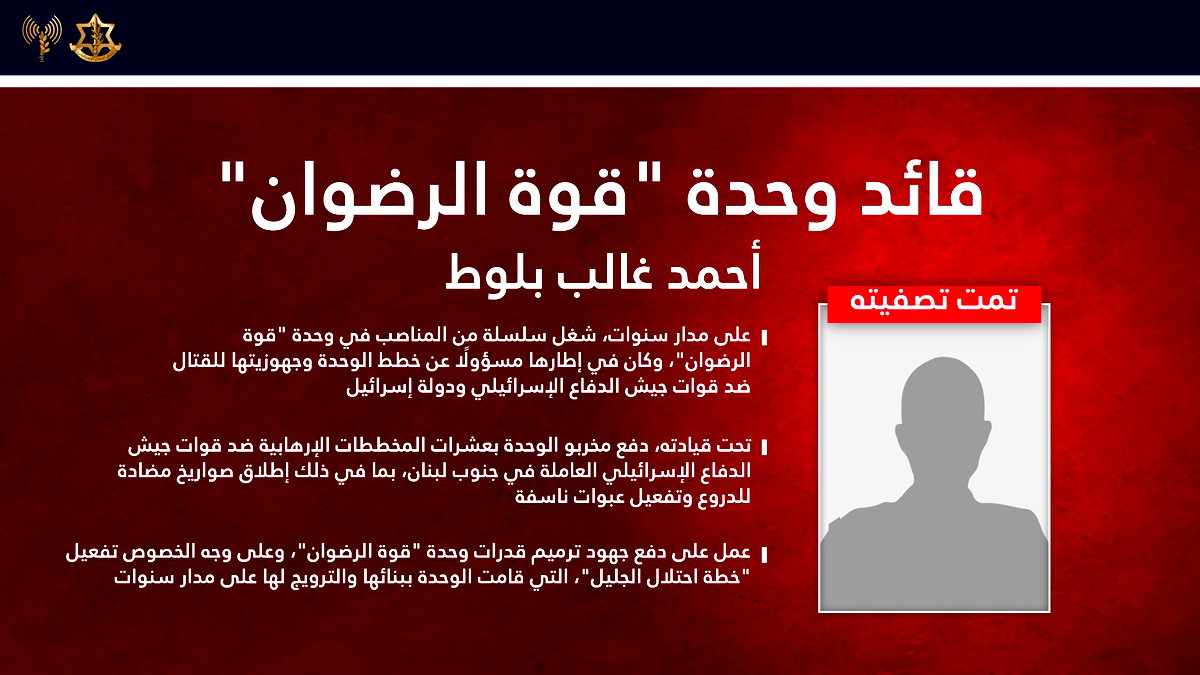 الجيش الإسرائيلي: تمكنا من اغتيال قائد وحدة الرضوان التابعة لحزب الله في غارة دقيقة