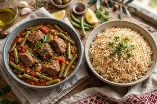 يخنة الفاصولياء الخضراء باللحم والأرز بالشعيرية